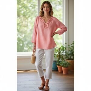 Talbots Coral Blouse with Button Detail,100 Linen